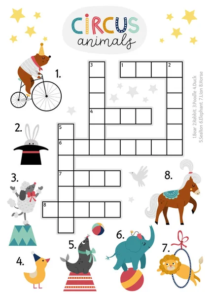 Vector Circus Kreuzworträtsel Für Kinder Einfaches Unterhaltungsshow Quiz Mit Lustigen — Stockvektor