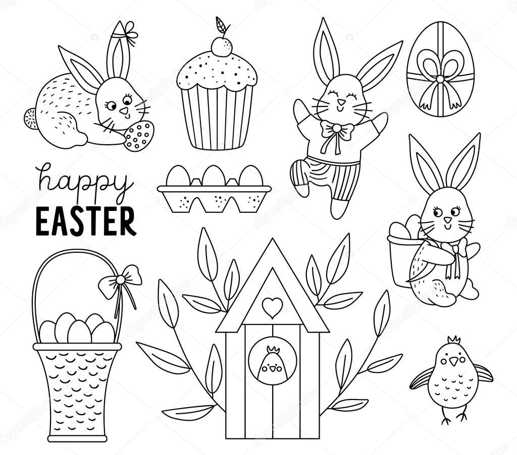 Vector black and white Easter bunnies set with basket, chicken, cake, carrots. Outline spring rabbits illustration. Christian holiday line icons collection. Easter coloring page for kid