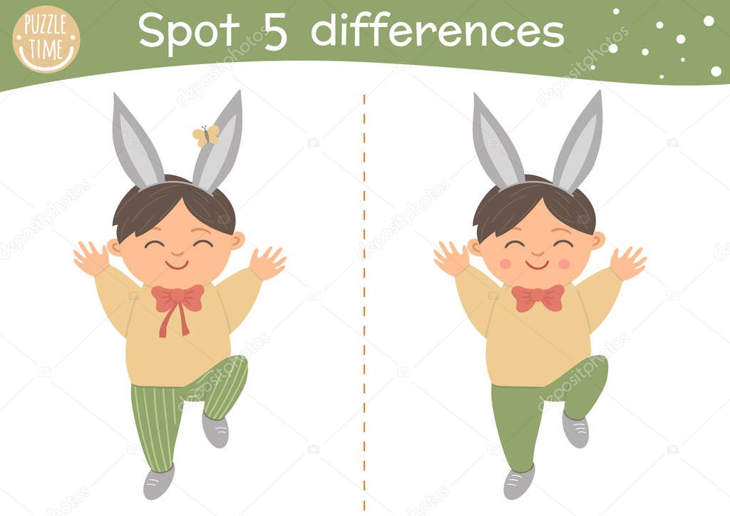 Easter find differences game for children. Holiday activity page with funny boy in bunny ears jumping with joy. Printable worksheet with cute happy character. Spring puzzle for kid