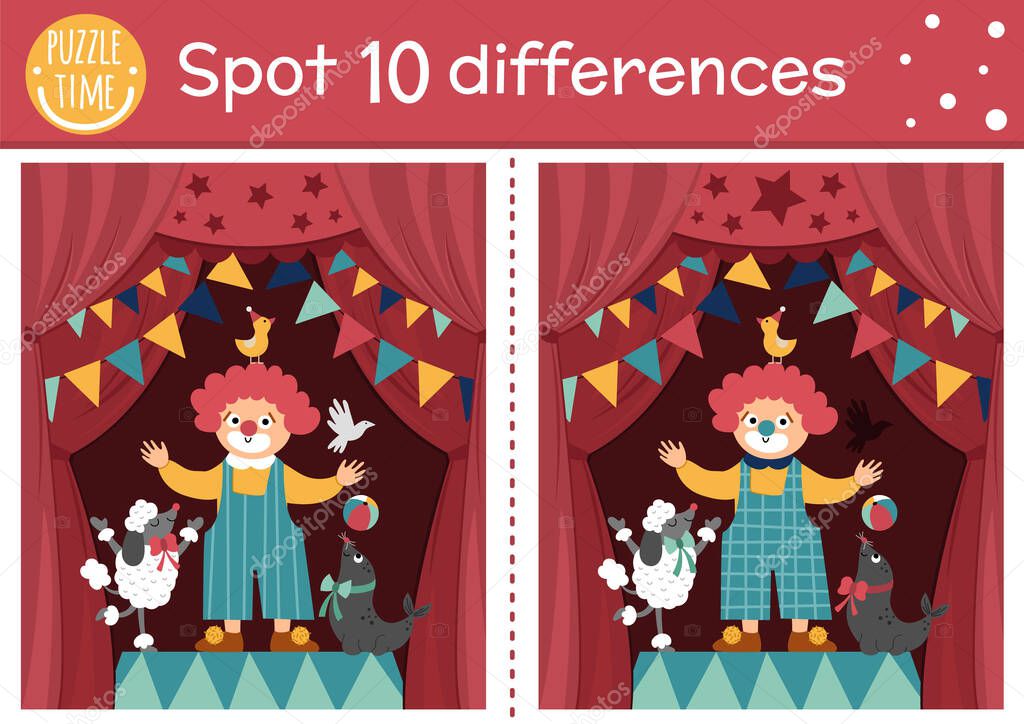 Circus find differences game for children. Educational activity with cute clown, animals on stage. Amusement show puzzle for kids with funny artist. Festival printable workshee