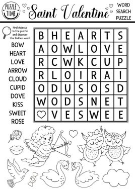 Vector Saint Valentine çocuklar için siyah beyaz kelime bulmacası. Bayram bulmacalarını ya da boyama sayfalarını severim. Aşk tanrısı, güvercin, kalp, kuğular. Çocuk için Şubat eğlencesi.