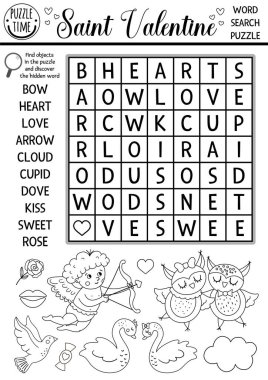 Vector Saint Valentine black and white wordsearch puzzle for kids. Love holiday crossword or coloring page. Activity with cupid, dove, heart, swans. Fun February cross word for childre clipart