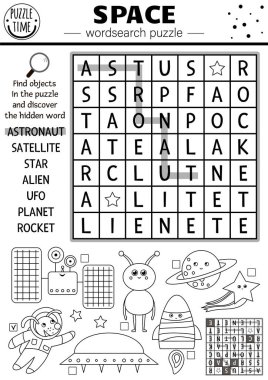 Vector black and white space wordsearch puzzle for kids. Simple astronomy crossword. Activity with UFO, astronaut, star, planet, rocket, alien. Solar system cross word or coloring pag clipart