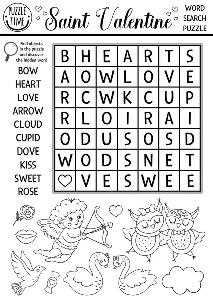 Vector Saint Valentine Black White Wordsearch Puzzle Kids Love Holiday — Stock Vector