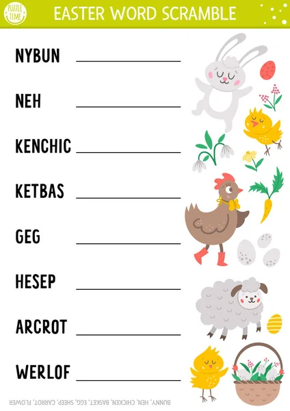Vector Paskalya Kelime Karıştırma Etkinlik Sayfası Tavşanlı Tavuklu Tavuklu Paskalya — Stok Vektör