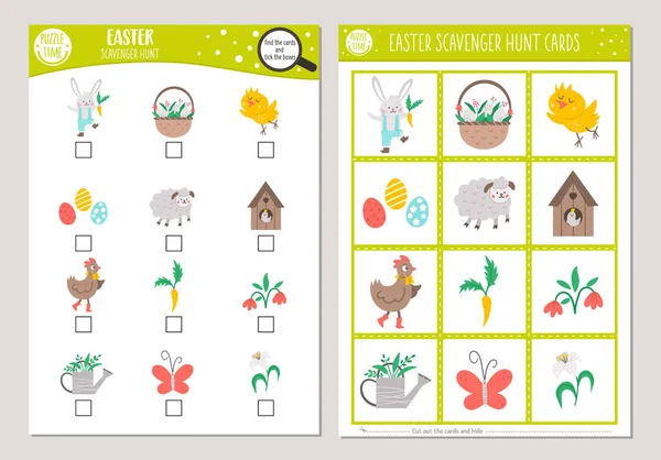 ベクトルイースタースカベンジャーハントカードセット かわいいウサギ 子供のためのイースターエッグでゲームを探し 見つける 春休み探索活動 簡単な教育印刷可能なワークシート — ストックベクタ