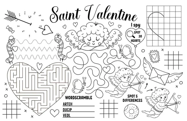 Vector Saint Valentine Placemat Kids Love Holiday Printable Activity Mat — Stock Vector