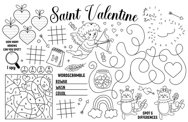 Vector Saint Valentine Placemat Kids Love Holiday Printable Activity Mat — Stock Vector