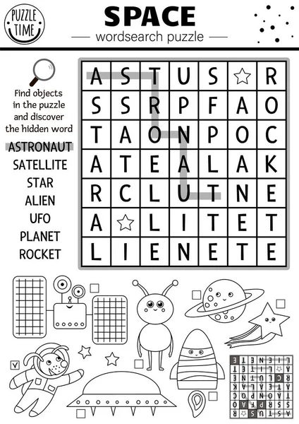 为孩子们设计的黑白空间搜索字谜 简单的天文填字游戏与不明飞行物 宇航员 外星人的活动 太阳系交叉字谜或着色拼图 — 图库矢量图片