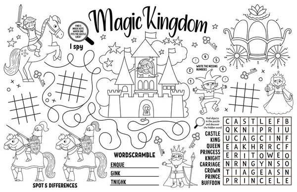 Vector Magic Kingdom Placemat Kids Fairytale Printable Activity Mat Maze — Stock Vector