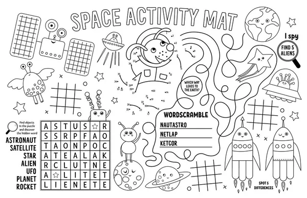 Tovaglietta Spaziale Vettoriale Bambini Fiaba Stuoia Attività Stampabile Con Labirinto — Vettoriale Stock