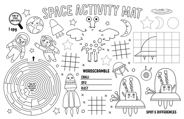 Vector Space Placemat Kids Fairytale Printable Activity Mat Maze Tic — Stock Vector