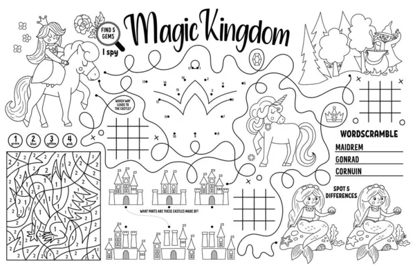 Vector Magic Kingdom Tischset Für Kinder Märchenhafte Druckbare Aktivitätsmatte Mit — Stockvektor