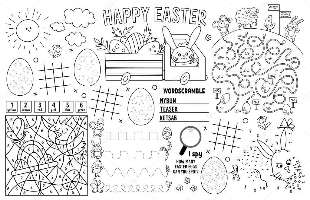 Vector Easter placemat for kids. Spring holiday printable activity mat with maze, tic tac toe charts, connect the dots, find difference. Black and white play mat or coloring pag