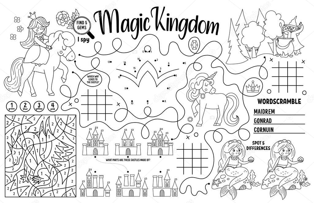 Vector Magic kingdom placemat for kids. Fairytale printable activity mat with maze, tic tac toe charts, connect the dots, find difference. Black and white play mat or coloring pag