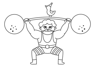 Siyah ve beyaz taşıyıcı atlet çizgili kostümle ağırlık kaldırıyor. Güzel çizgili akrobat ya da güçlü adam. Sirk ya da kas gücü olan bir sporcu. Eğlence bayramı ikonu. Festival karakter renklendirme pag