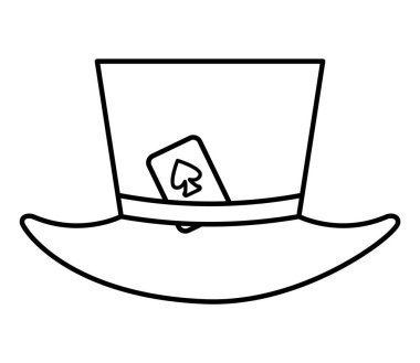 Black and white magician hat with playing card. Vector circus outline clipart. Wizard or juggler equipment line icon. Cute funny festival clothes coloring page. Street show comedia vector Black and white magician hat with playing card. Vector circus outline clipart. Wizard or juggler equipment line icon. Cute funny festival clothes coloring page. Street show comedia vector