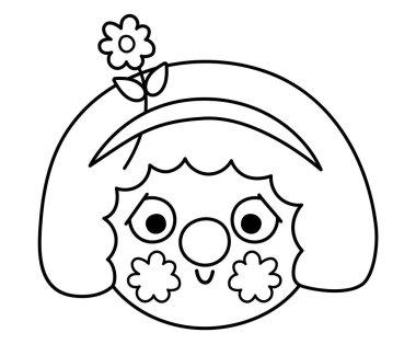 Siyah beyaz palyaço suratlı vektör. Sirk sanatçısı avatar ana hatlarıyla Clipart. Eğlence bayramı ikonu. Sevimli komik festival karakteri klip sanatı. Sokak gösterisi komedyen illüstrasyonu veya boyama pag