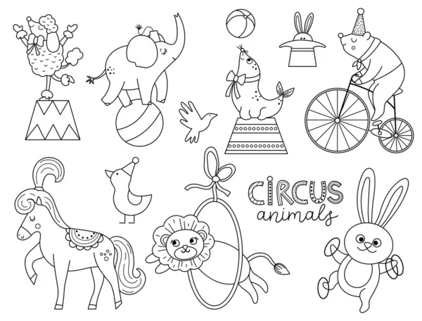Векторный Черно Белый Набор Цирковыми Животными Пакет Иконок Праздничной Линии — стоковый вектор