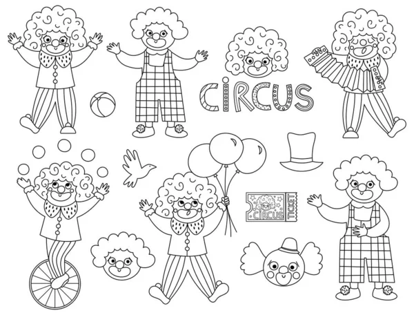Векторний Чорно Білий Набір Клоунами Кліпарт Циркових Художників Пакет Іконок — стоковий вектор