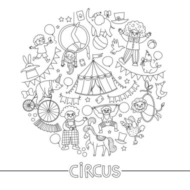 Sirk karakterleri ve objeleri olan siyah-beyaz bir çerçeve. Pankartlar için sokak çizgisi şablonu tasarımı, hayvanlı davetiyeler. Palyaço ile şirin festival elementleri