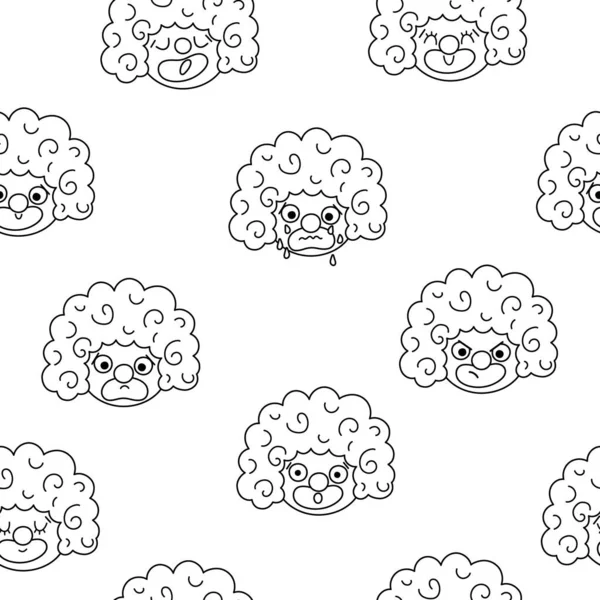 Vector Black White Seamless Pattern Clown Faces Showing Feelings Emotions — Stock Vector