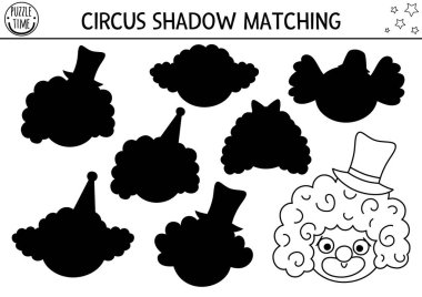 Sirk siyah ve beyaz gölgeleri şirin palyaço yüzleriyle eşleşiyor. Eğlenceli çizgi bulmacası. Doğru siluet yazdırılabilir çalışma tablosu ya da oyun bul. Eğlence boyama bezi