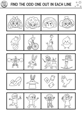 Garip olanı bul. Çocuklar için siyah beyaz sirk mantıksal aktivite. İlgi çekmek için çocuklar için eğitici bilgi yarışması ödevi. Basit yazdırılabilir oyun veya renklendirilebilir sayfa