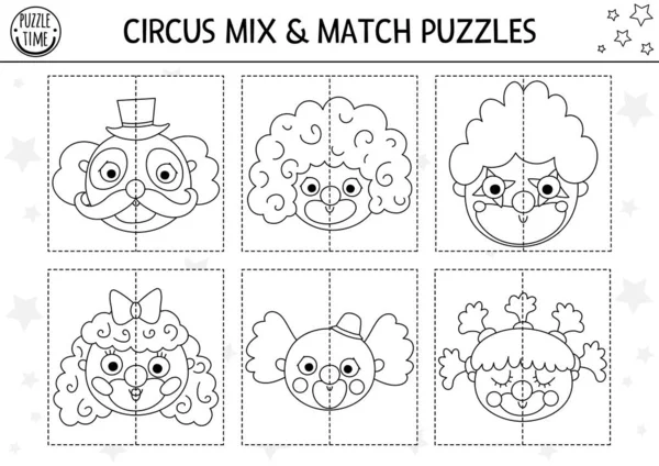 Vector Circus Black White Mix Match Puzzle Clown Faces Matching — 图库矢量图片