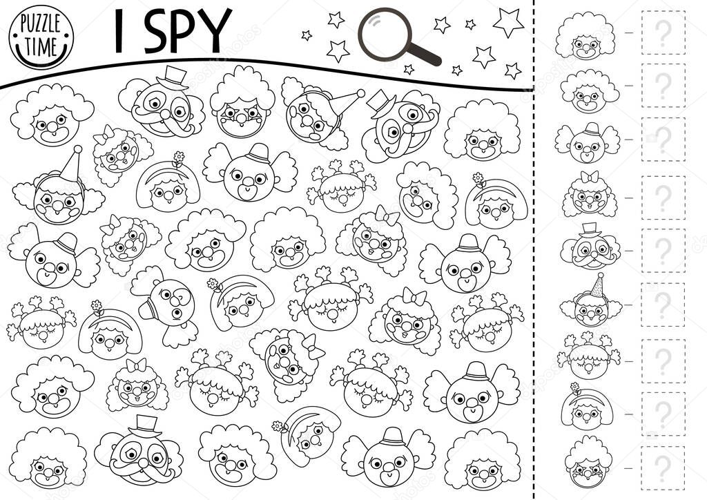 Circus black and white I spy game for kids. Searching and counting line activity with funny clown faces Amusement street show printable coloring page. Simple festival spotting puzzl