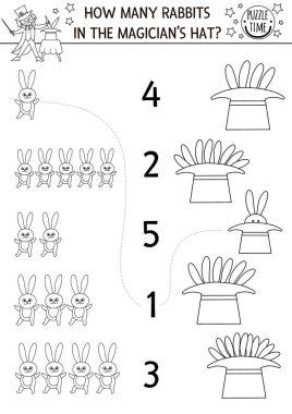 Match the numbers black and white circus game with magician hat and rabbits. Amusement show line math activity for preschool kids. Festival educational counting or coloring pag
