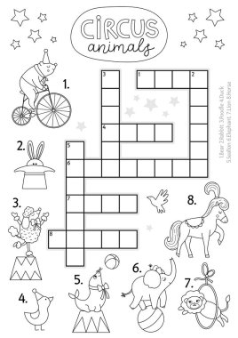 Vector circus crossword puzzle for kids. Simple black and white amusement show quiz with funny animal performers. Educational line activity with lion, bear, rabbit. Cross word coloring pag