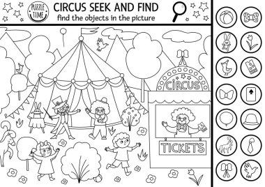 Vector circus searching black and white game with amusement show marquee, clown. Spot hidden objects in the picture. Simple line seek and find printable activity or coloring pag