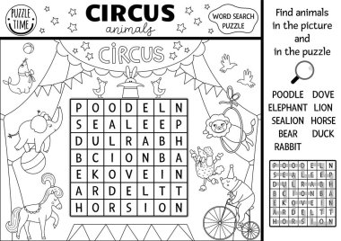 Vector circus wordsearch puzzle for kids. Simple black and white amusement crossword with funny animal performers on the stage. Line activity with lion, bear, rabbit. Cross word coloring pag