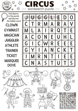 Vector circus wordsearch puzzle for kids. Simple black and white amusement crossword with funny performers for children. Line activity with clown, marquee. Cross word coloring pag clipart