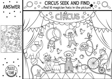 Vector circus black and white searching game with amusement show scene and artists. Spot hidden magician hats in the picture. Simple line seek and find printable activity or coloring pag