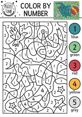 Vector circus color by number activity with elephant in party hat on a ball. Fairytale black and white counting game with cute animal. Funny amusement show coloring page for kid