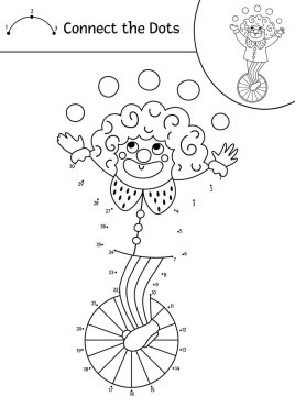 Vector dot-to-dot and color activity with cute clown on a wheel. Circus connect the dots game for children with funny juggler. Amusement show coloring page for kids. Printable workshee vector Vector dot-to-dot and color activity with cute clown on a wheel. Circus connect the dots game for children with funny juggler. Amusement show coloring page for kids. Printable workshee vector