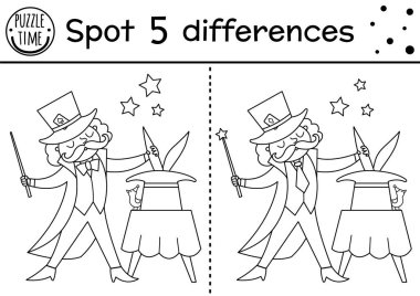 Circus black and white find differences game for children. Educational line activity with magician showing trick with hat and rabbit. Amusement show puzzle. Festival coloring pag