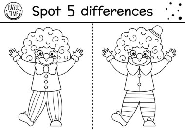 Circus black and white find differences game for children. Educational line activity with cute clown. Amusement show puzzle for kids with funny artist. Entertainment festival coloring pag