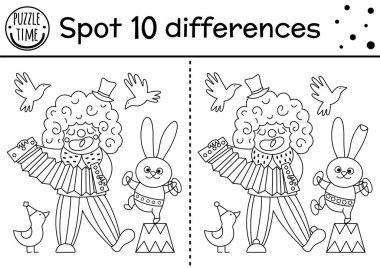 Circus black and white find differences game for kids. Educational activity with clown playing harmonica. Amusement show line puzzle with funny artist. Festival printable coloring pag