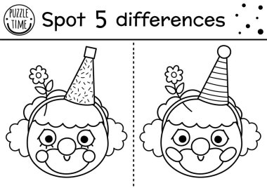 Circus black and white find differences game for children. Educational line activity with cute clown face. Amusement show puzzle for kids with funny artist. Entertainment festival coloring pag