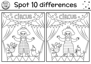 Circus black and white find differences game. Educational activity with cute clown, animals on stage. Amusement show line puzzle for kids with funny artist. Festival printable coloring pag