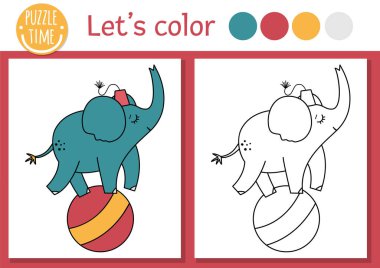 Circus coloring page for children with elephant on a ball. Vector amusement show outline illustration with cute animal. Color book for kids with colored example. Drawing skills printable workshee