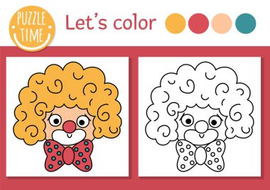 Circus coloring page for children with clown face. Vector amusement show outline illustration with cute stage performer. Color book for kids with colored example. Drawing skills printable workshee