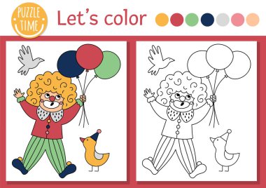 Circus coloring page for children with clown flying with balloons. Vector amusement show outline illustration with cute stage performer. Color book for kids with colored exampl