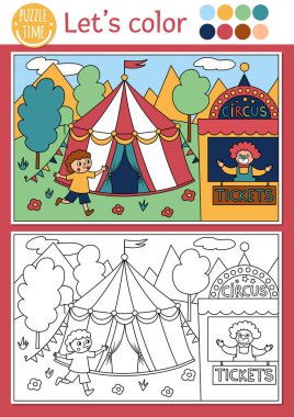 Coloring page for children with cute circus scene. Vector amusement show outline illustration with cute marquee, clown, boy running for ticket. Color book for kids with colored exampl