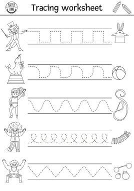 Vector circus handwriting practice worksheet. Amusement show printable black and white activity for preschool children. Tracing game for writing skills with magician, clown, gymnast, athlet vector Vector circus handwriting practice worksheet. Amusement show printable black and white activity for preschool children. Tracing game for writing skills with magician, clown, gymnast, athlet vector