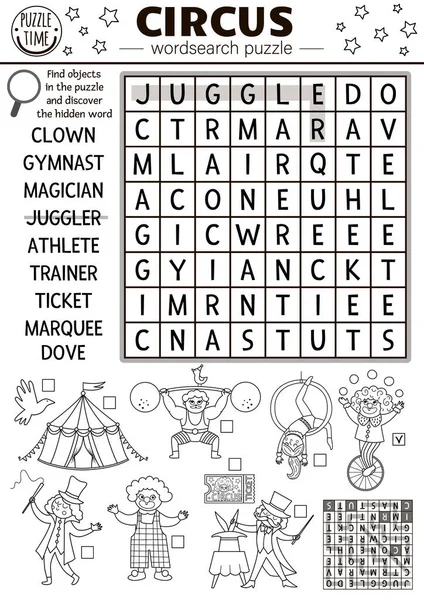 Vector Circus Wordsearch Puzzle Kids Simple Black White Amusement Crossword — 图库矢量图片