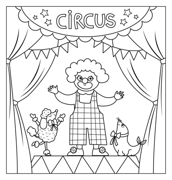 Vector Black White Circus Stage Scene Clown Animals Street Show — Image vectorielle